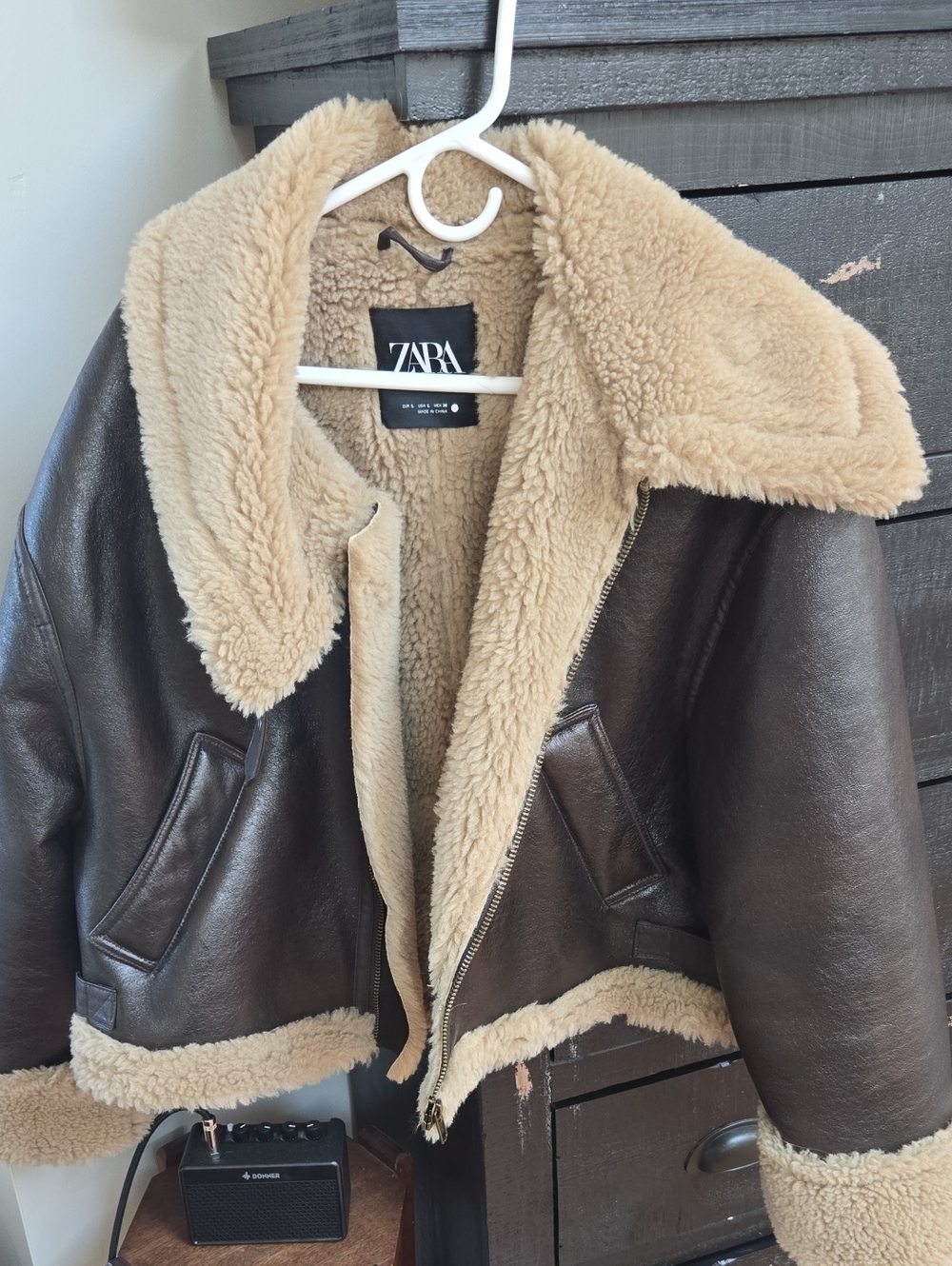 Zara Dark Brown Faux-Leather Aviator Jacket with Tan Shearling